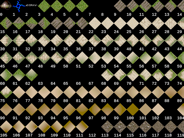 A sparse grid of isometric graphical tiles, each with a small number beneath them. The tiles depict various floor types from the video game Ultima Online.